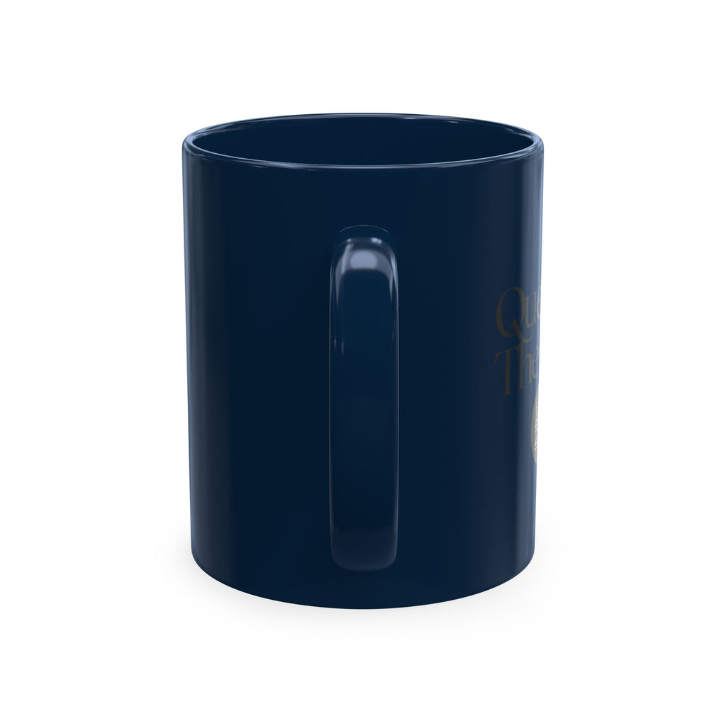 Traditional Ceramic Mug — Minimal Black Coffee Cup with Subtle Text Design