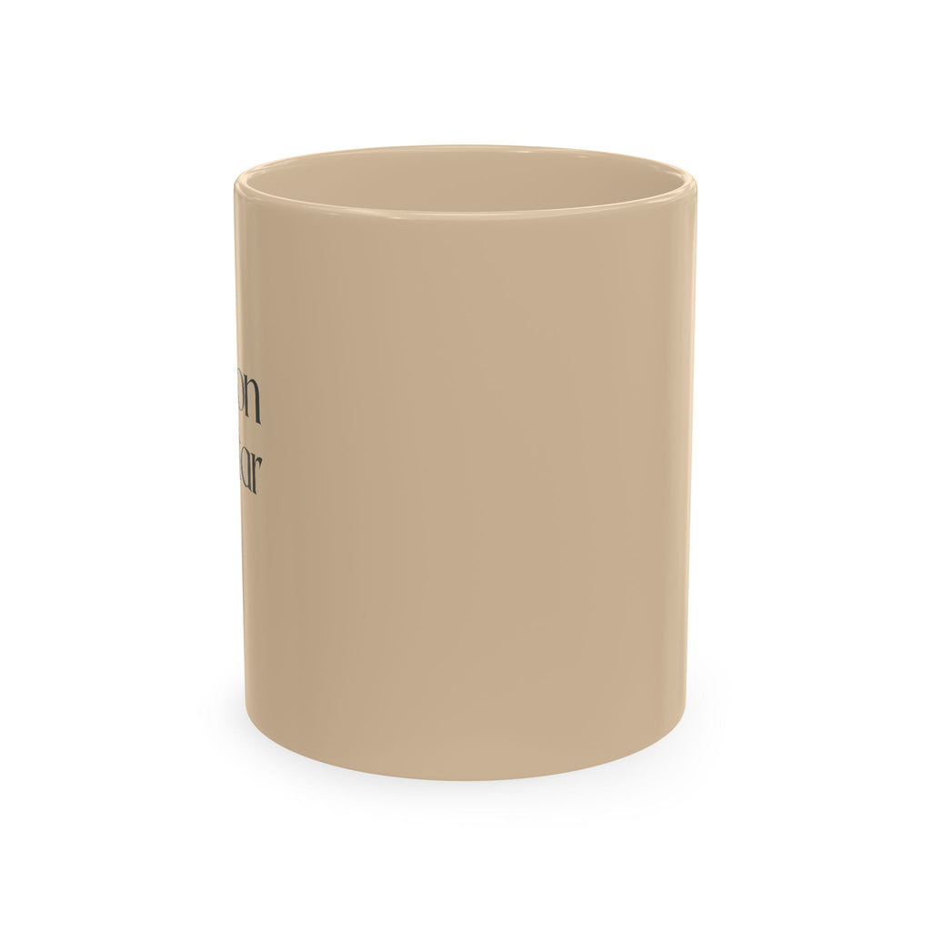 Traditional Ceramic Mug — Minimal Black Coffee Cup with Subtle Text Design