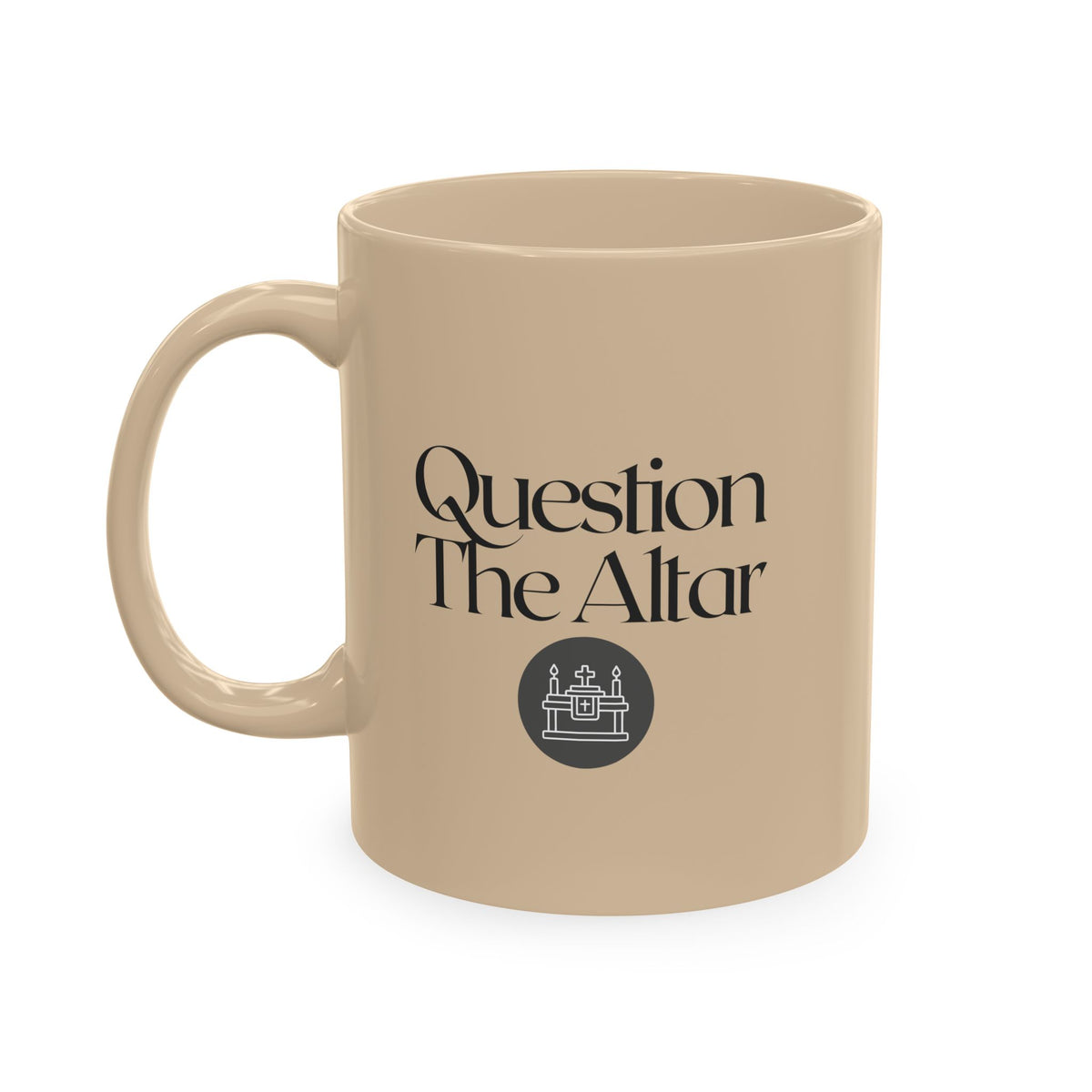 Traditional Ceramic Mug — Minimal Black Coffee Cup with Subtle Text Design